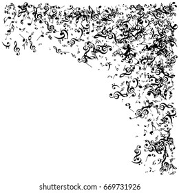 Vector music notes flying to or falling down. Black and white frame edge filled with music sheet symbols. Musical pattern, modern festival or album background. Music signs confetti decorative border.