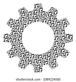 Vector music notes icons are grouped into cog collage. Machinery design concept constructed of music notes elements.