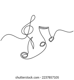 Vector music notes and treble clef one line continuous drawing illustration. Hand drawn linear silhouette icon. Minimal design element for print, banner, card, wall art poster, brochure, postcard.