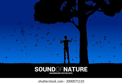 Vector Music orchestra conductor with big tree. background concept for music for natural and spring time.
