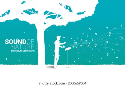 Dirigent von Vector Music mit großem Baum. Hintergrundkonzept für Musik für Natur- und Frühlingszeit.