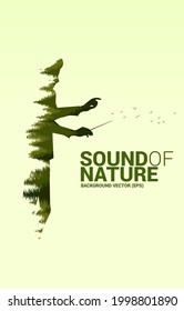 Vector Music orchestra conductor with green forest. background concept for music for natural and spring time.
