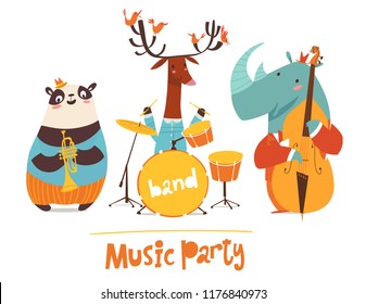 Vector music party poster with cartoon animals musicians playing musical instruents. Jazz concert poster.