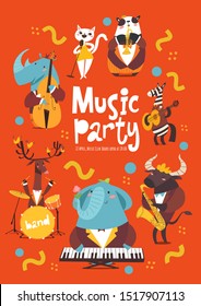 Vector music party poster design with cartoon animals playing music instruments and singing