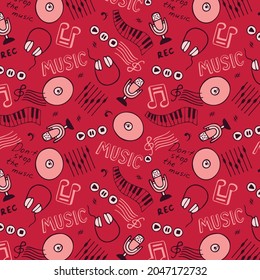 Vector music pattern with headphones, microphones, piano, CD ROM and music symbols on pink background