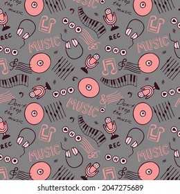 Vector music pattern with microphone, CD-ROMs, headphones and piano on grey background