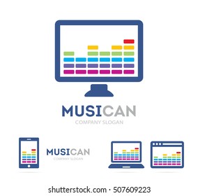 Vector music and phone logo combination. Equalizer and mobile symbol or icon. Unique radio and sound logotype design template.