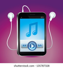 Vector music player with touchscreen and play button - bright icon