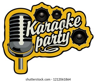 Vector music poster or banner with inscription karaoke party, microphone and audio speakers