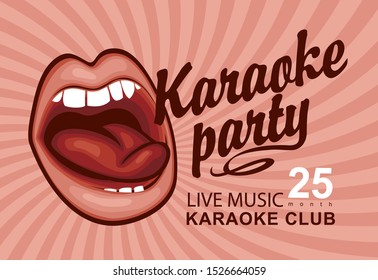 Vector music poster or banner for karaoke party with singing mouth and calligraphic inscription on the abstract background with pink rays in retro style.