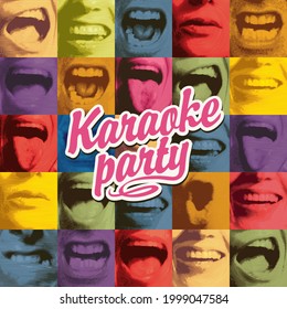 Vector music poster or banner for a karaoke party with a calligraphic inscription on a bright collage background with colored square fragments depicting singing human mouths.