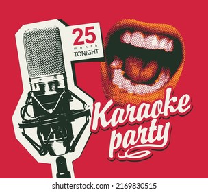 Vector music poster or banner for karaoke party with a singing mouth, a studio microphone and a calligraphic inscription on a red background. Suitable for advertising poster, banner, flyer, invitation