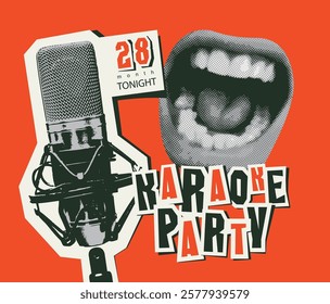 Vector music poster or banner for karaoke party with a singing mouth, a studio microphone and a calligraphic inscription on a background. Suitable for advertising poster, banner, flyer, invitation