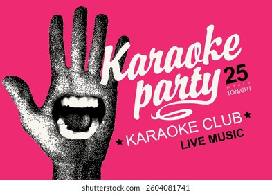 Vector music poster or banner for karaoke party with singing mouth and hand, calligraphy lettering on background. Suitable for advertising poster, banner, flyer, invitation