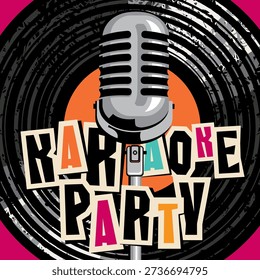 Vector music poster or banner with white inscription Karaoke party, silver microphone and black vinyl record in retro style