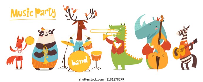 Vector music poster with cartoon animals musicians playing musical instruents. Jazz concert poster.