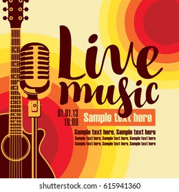 vector music poster for a concert live music with the image of a guitar and microphone on the colored background