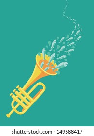 Vector music poster in flat retro style - sound wave and fishes