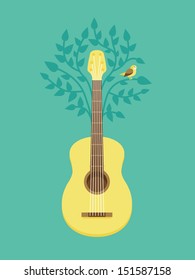 Vector music poster in flat retro style - guitar and bird on tree