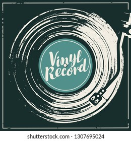 Vector music poster in form of or worn black cover with old vinyl record, record player and calligraphic lettering in retro style