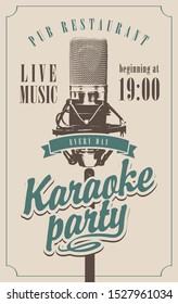 Vector music poster for karaoke party with a studio microphone and calligraphic inscription in retro style.