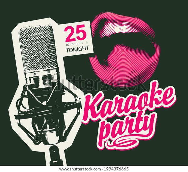 Vector music poster for karaoke party with a\
studio microphone, a singing mouth and a pink calligraphic\
inscription on a black background. Suitable for advertising poster,\
banner, flyer,\
invitation