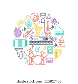 Vector music poster with musical instruments line icons