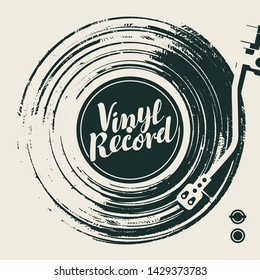 Vector music poster with old vinyl record, record player and calligraphic lettering in retro style. Music collection