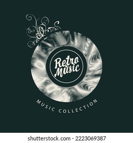 Vector music poster with old vinyl record, record player and calligraphic lettering retro music in vintage style. Music collection