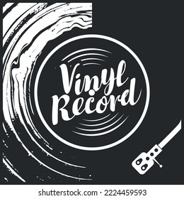 Vector music poster with old vinyl record, record player and calligraphic lettering in retro style. Music collection