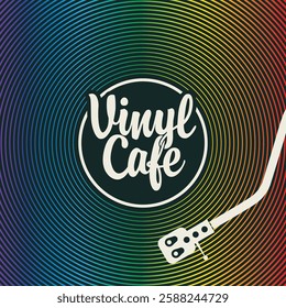 Vector music poster with old vinyl record, record player and calligraphic lettering in retro style for vinyl shop or cafe. Music collection