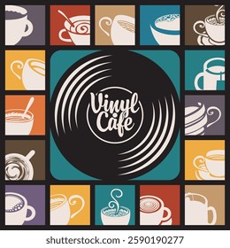 Vector music poster with old vinyl record, coffee cups and calligraphic lettering in retro style for vinyl shop or cafe. Music collection