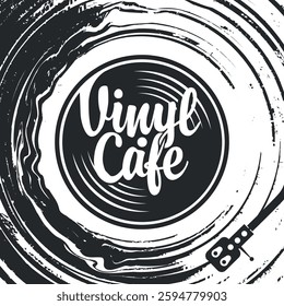 Vector music poster with old vinyl record, record player and calligraphic lettering in retro style for vinyl shop or cafe. Music collection