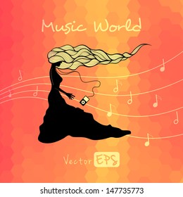 Vector music poster, pixel art red or orange background and girl with player
