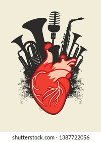 Vector music poster with red human heart and black silhouettes of wind instruments and microphone. Abstract musical illustration in retro style. Music in the heart, musical orchestral instruments.