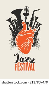 Vector music poster with a red human heart, black brass instruments and a microphone. Abstract musical illustration with the inscription Jazz Festival. Music in the heart, orchestral instruments