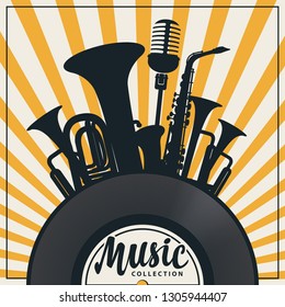 Vector music poster in retro style with vinyl record, wind instruments, saxophone, microphone and inscription on the background with rays. Music collection