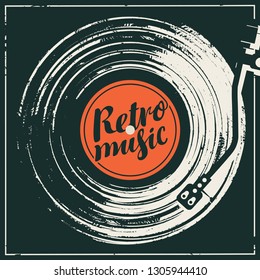 Vector Music Poster In Retro Style In Form Of Or Worn Black Cover With Old Vinyl Record, Record Player And Calligraphic Lettering Retro Music