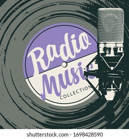 Afiche de música vectorial en estilo retro con un viejo disco de vinilo, micrófono estudio e inscripción caligráfica Colección de radio música.