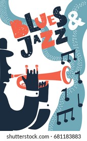 Vector music poster, template. Illustration of a man playing trumpet in blue color with hand drawn lettering Blues and Jazz live. Vintage style print design