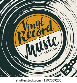 Vector music poster with vinyl record, record player and calligraphic lettering in retro style. Can be used as design elements for flyer, card, brochure, invitation