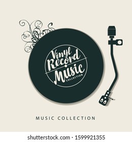 Vector music poster with vinyl record, record player and calligraphic lettering in retro style. Can be used as design elements for flyer, card, brochure, invitation