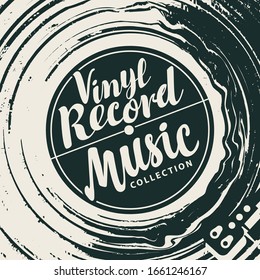 Vector music poster with vinyl record, record player and calligraphic lettering in retro style. Can be used as design elements for flyer, invitation, playbill, banner, cover, advertisement