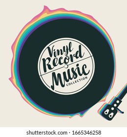 Vector music poster with vinyl record, record player and calligraphic inscription with rainbow decoration. Suitable for flyer, invitation, playbill, banner, cover, advertisement