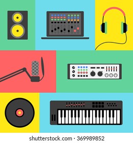Vector music production flat icon set. Speaker, laptop, headphones, microphone, amplifier, plate, synthesizer.