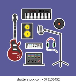 Vector music production flat icon set. Speaker, laptop, headphones, microphone, amplifier, plate, synthesizer, electric guitar.