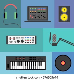 Vector music production flat icon set. Speaker, laptop, headphones, microphone, amplifier, plate, synthesizer.