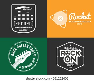 Vector music production studio logos set. Musical label icons. Music insignia and emblems print or logotype. Guitars badge for sound recording studio t shirt, sound production. Podcast, radio badges