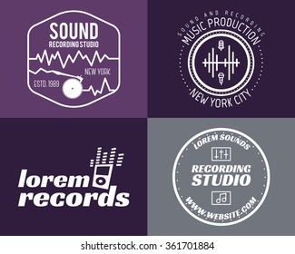Vector music production studio logos set. Musical label icons. Music insignia and emblems print or logotype. Guitars badge for sound recording studio t-shirt, sound production. Podcast, radio badges.