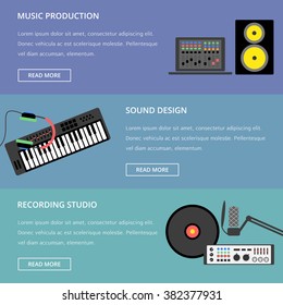 Vector music production template, layout. Speaker, laptop, headphones, microphone, amplifier, plate, synthesizer icons.